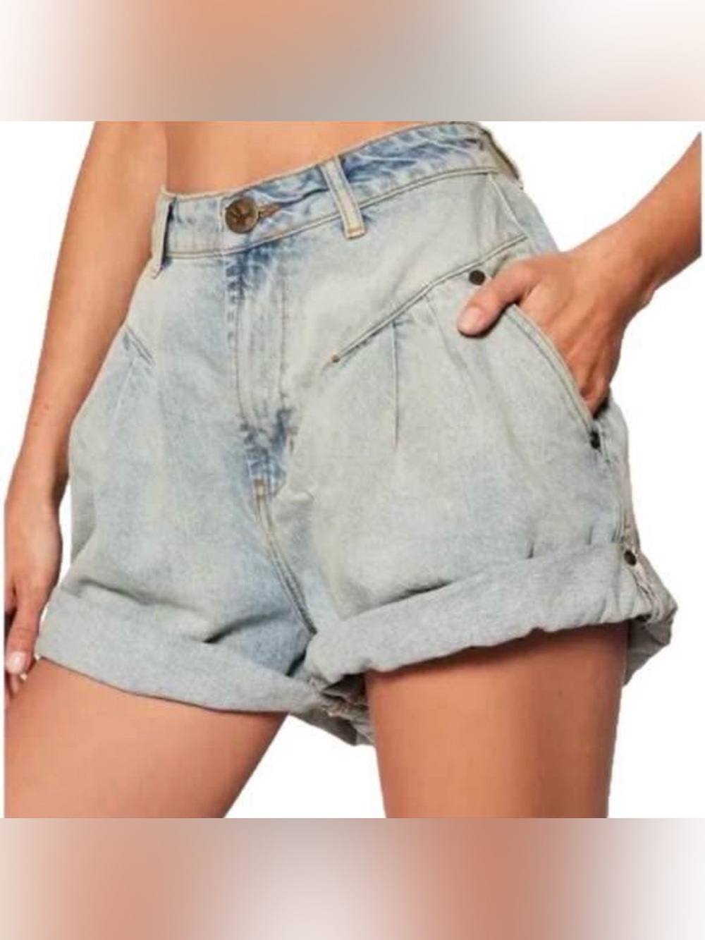 One Teaspoon Light Wash Blue Denim High-Waist Rolled Hem Shorts